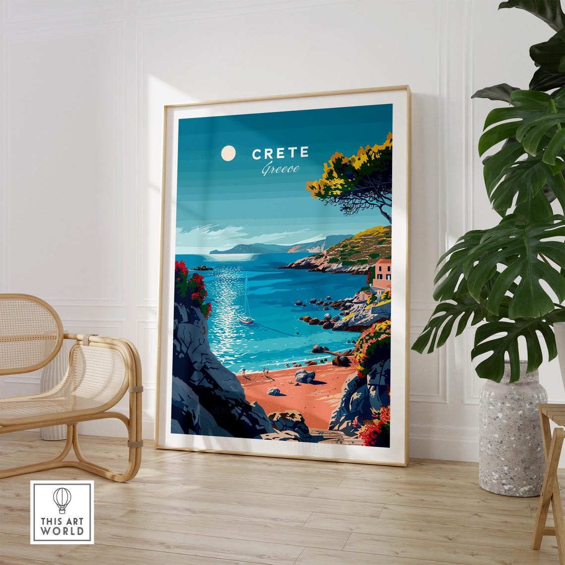 Crete Greece Moonlit Rocky Cove Sailboat Coastline Art Poster - Image 2