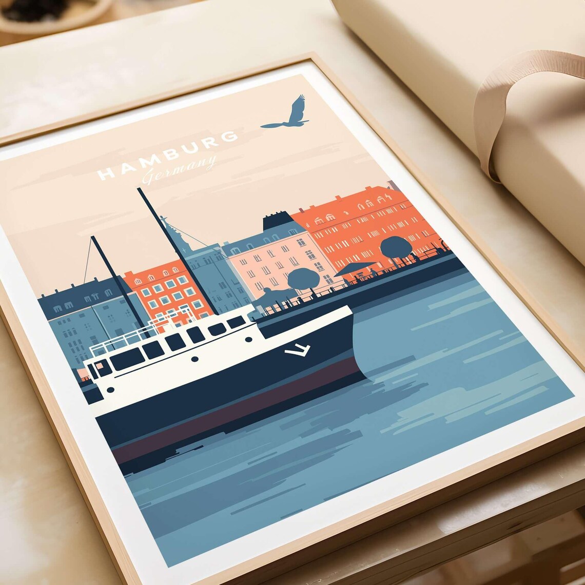 Hamburg Germany Harbor Ship Waterfront Warehouses Seagull Scene Poster - Image 4