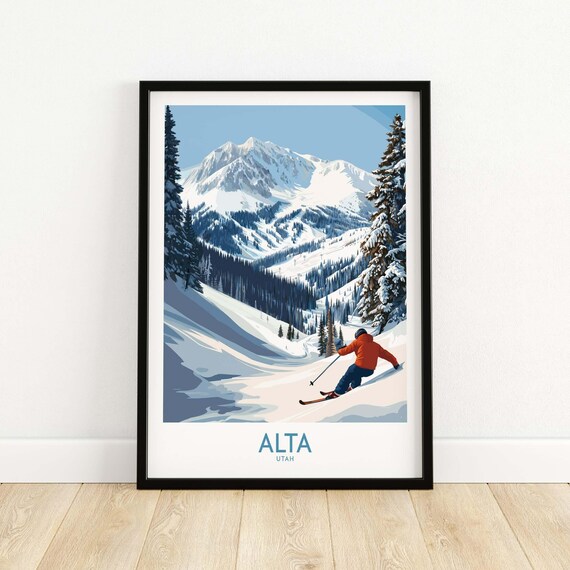 Alta Utah Orange Jacket Skier Powder Descent Mountains Print