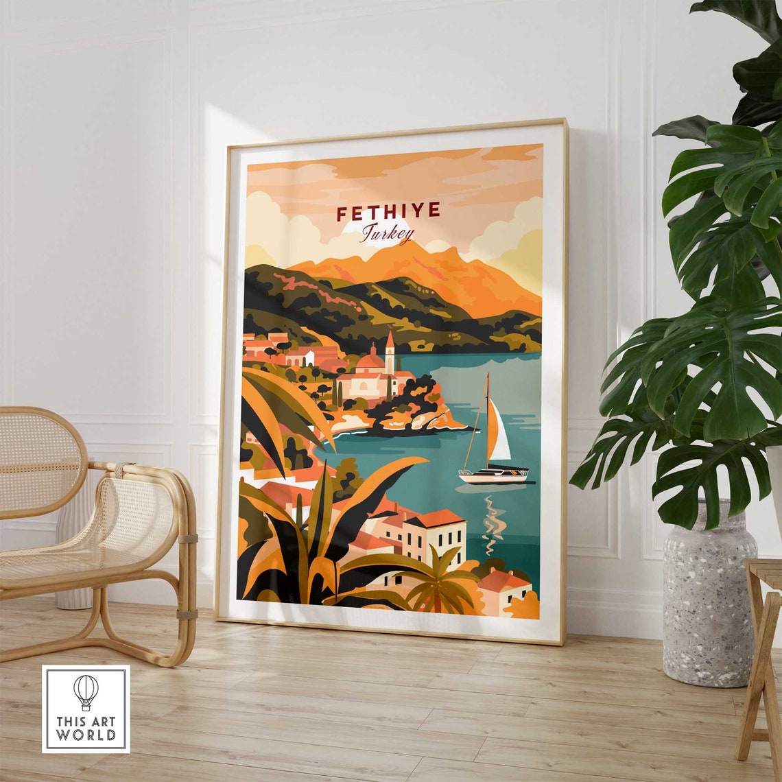 Fethiye Turkey Sailboat Bay Mountain Coastline Serene View Poster - Image 2