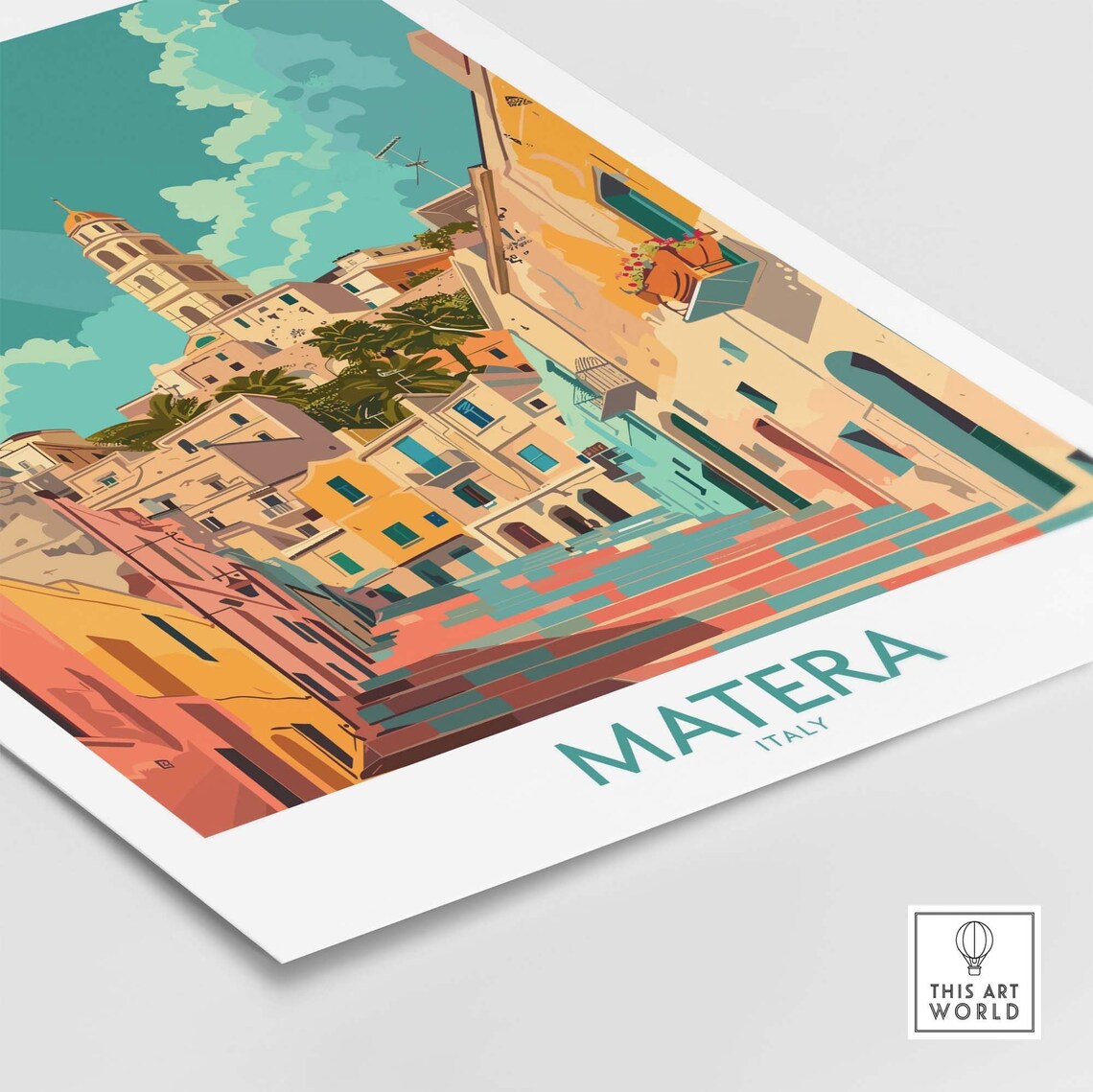 Matera Italy Sunlit Street Bell Tower Colorful Houses Poster - Image 4