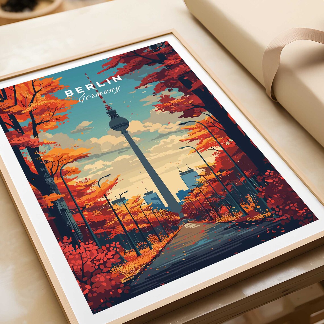 Berlin Germany TV Tower Autumn Foliage Avenue Vintage Travel Poster