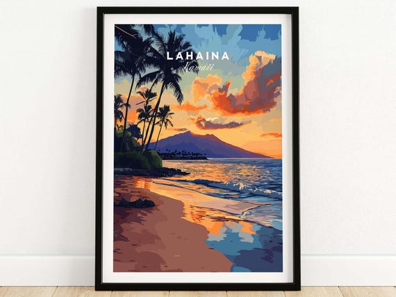 Lahaina Travel Poster, Tropical Beach Sunset Artwork