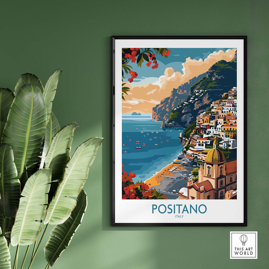 Positano Italy Beach Bay Tiled Dome Church Red Flowers Poster - Image 2