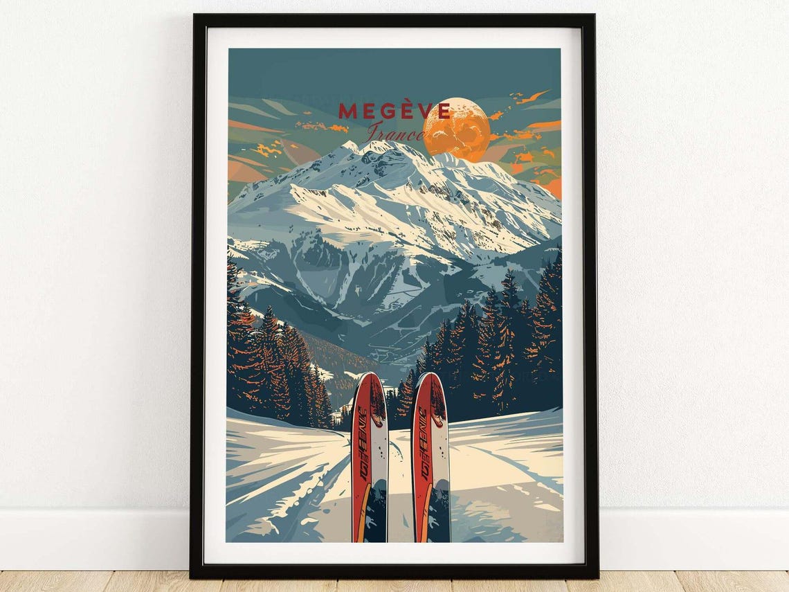 Megve Travel Poster Megve Ski Resort Art Print Skiing Wall Art France Winter Sports Artwork Ski Lodge Decor Art Mountain Poster Gift Art