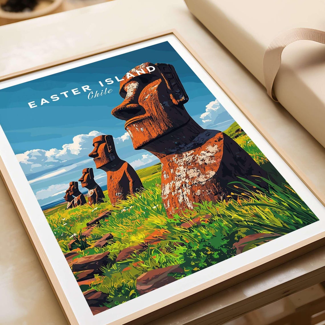 Easter Island Chile Moai Stone Statues Grassy Hillside Scene Poster - Image 4