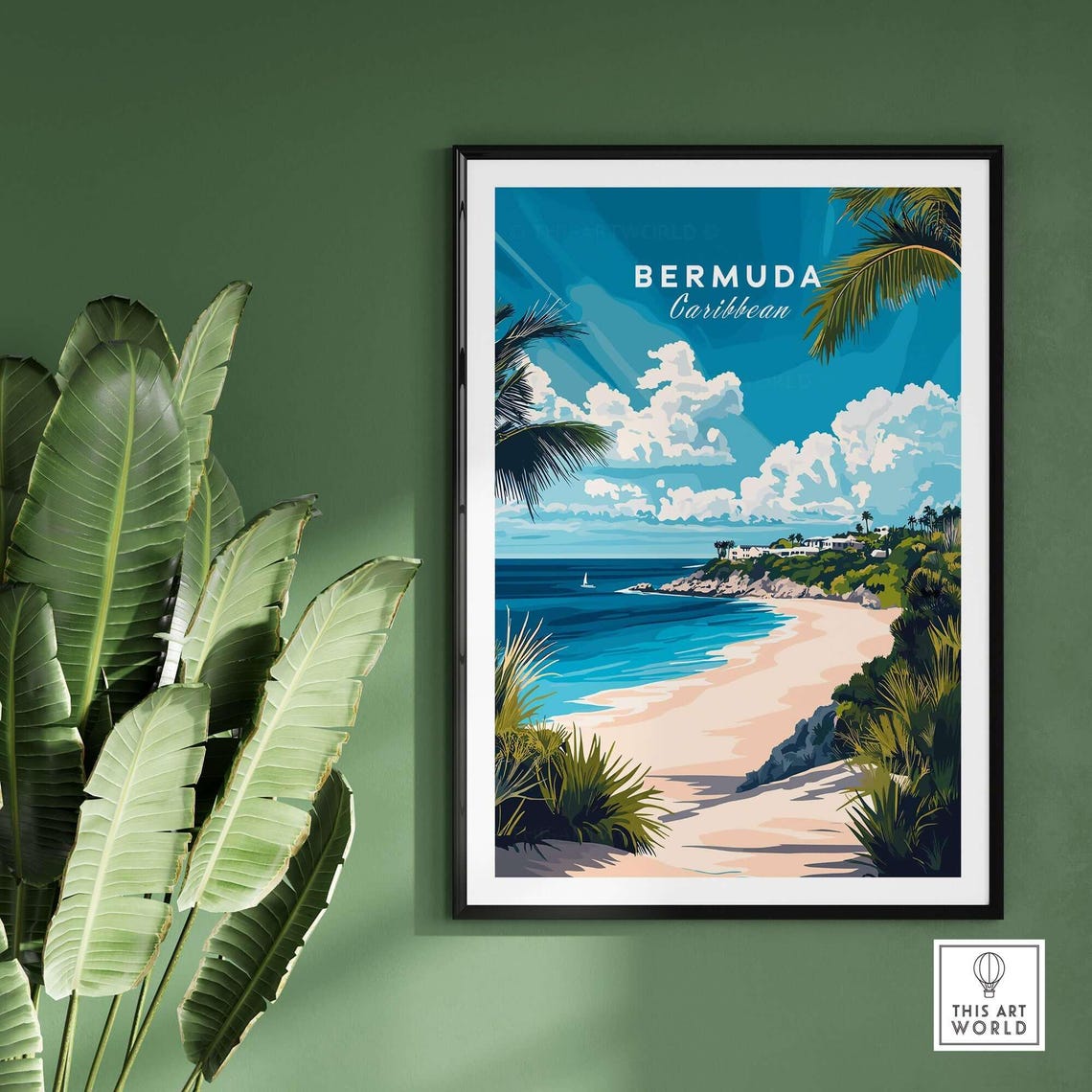 Bermuda Caribbean Pink Sand Beach Palms Vintage Travel Poster - Image 2