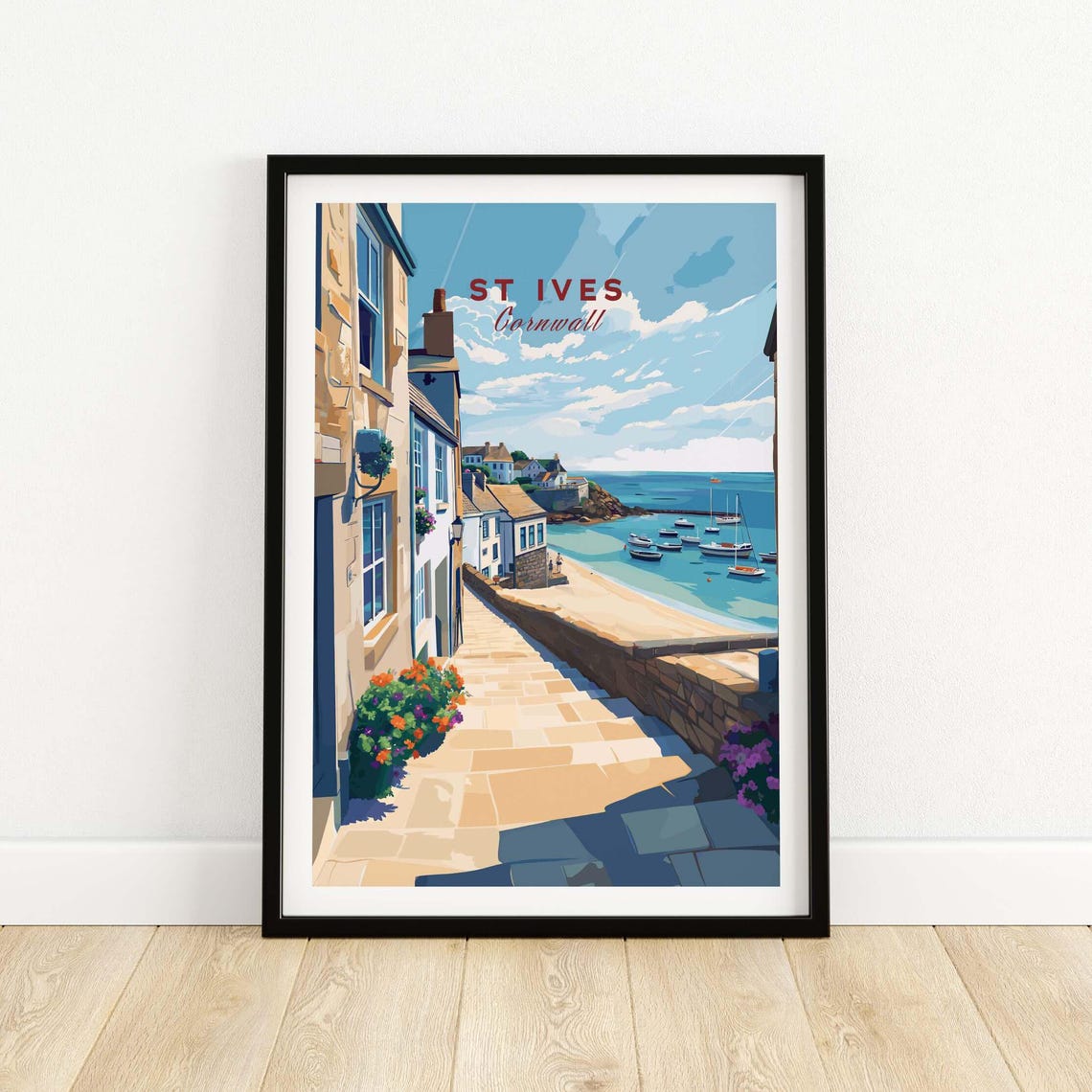 St Ives Cornwall Stone Steps to Harbour Boats Colorful Seaside Poster