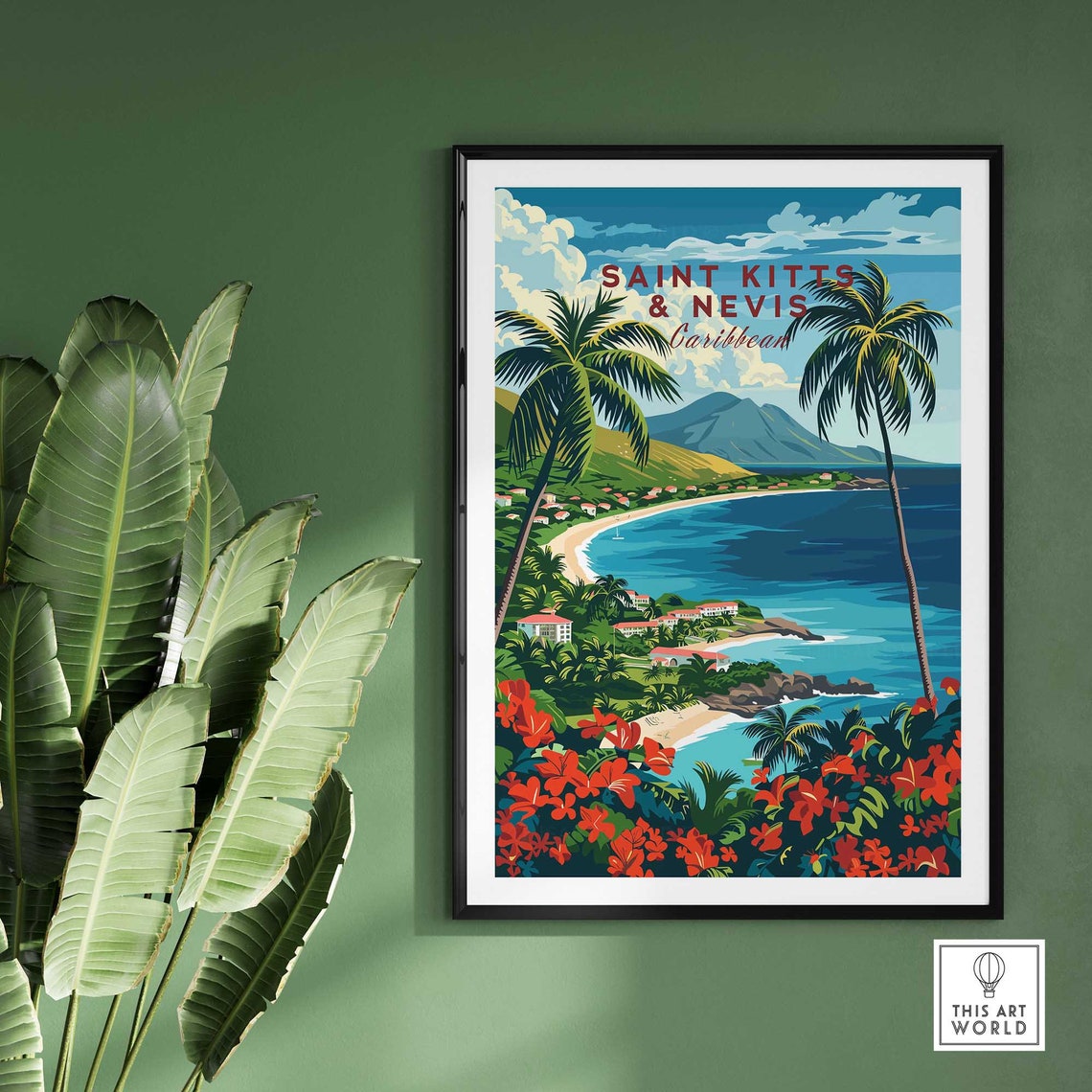 Saint Kitts and Nevis Caribbean Bay View Palms Travel Poster - Image 2