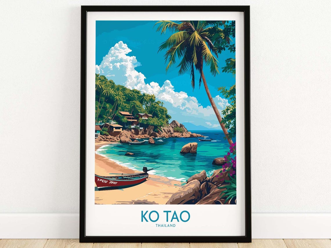 Ko Tao Thailand Tropical Beach Longtail Boat Palm Art Poster