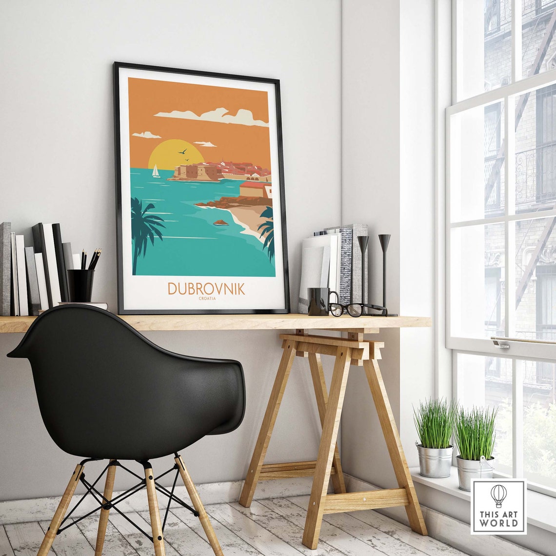 Dubrovnik Croatia Old Town Walls Orange Sunset Sailboat Poster - Image 4