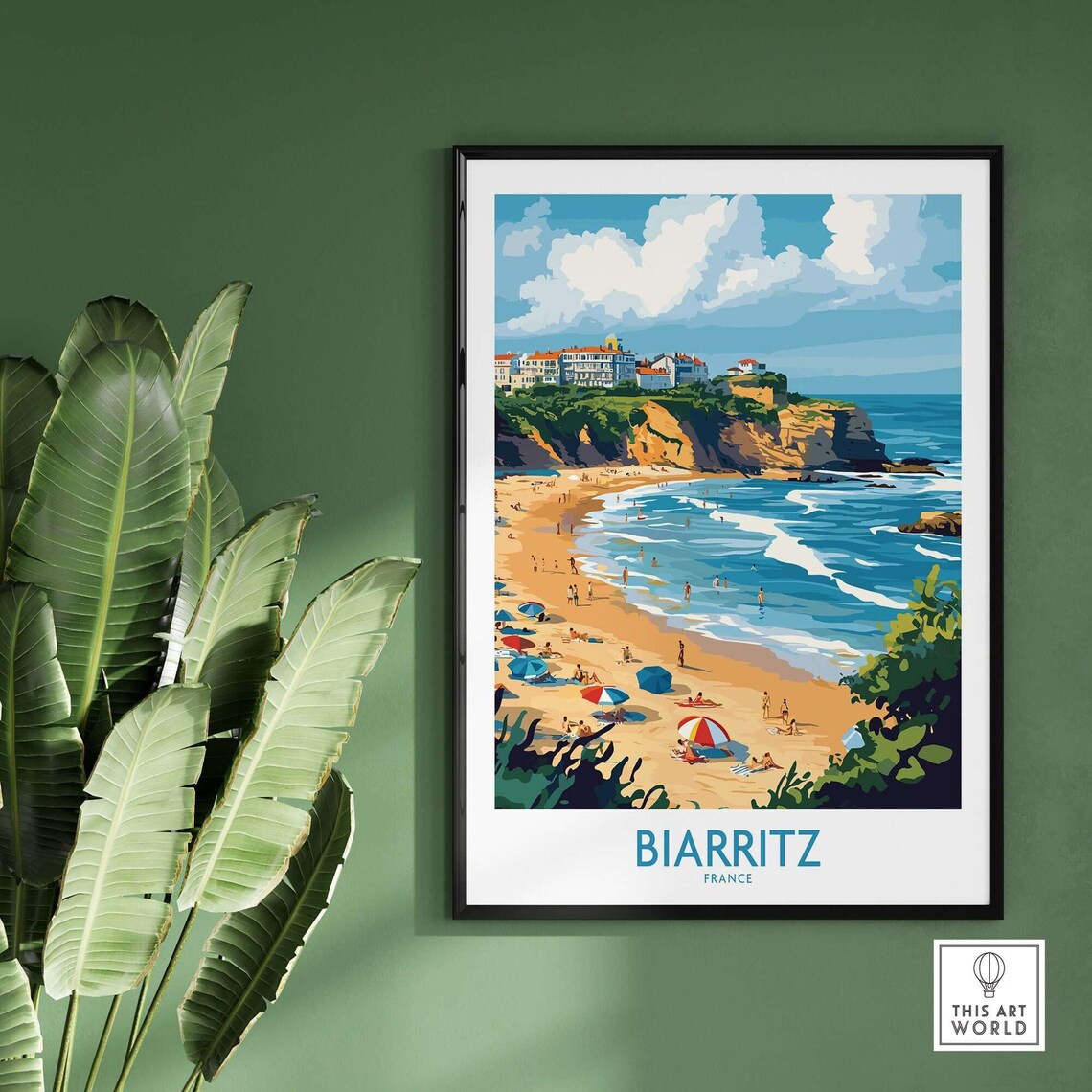 Biarritz France Beach Umbrellas Surfers Atlantic Coast Travel Poster - Image 2
