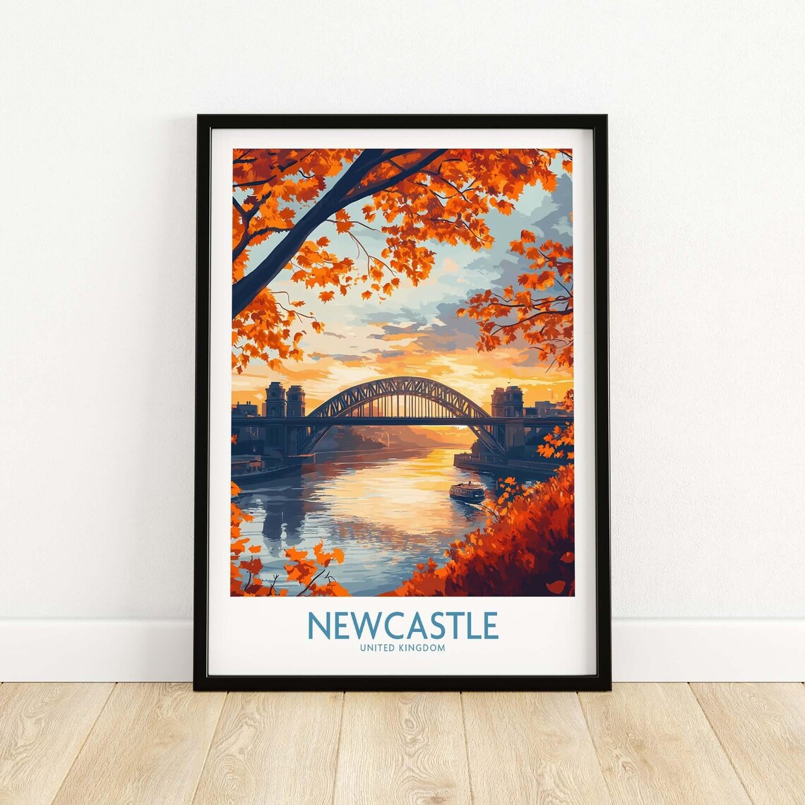 Newcastle England Tyne Bridge Autumn Sunset River View Travel Poster