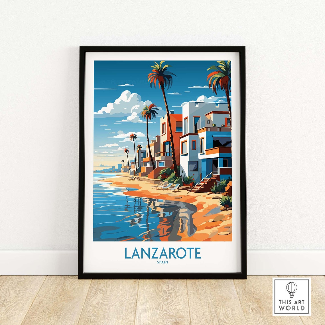 Lanzarote Spain Blue Beachfront Ocean Palms Summer Travel Poster
