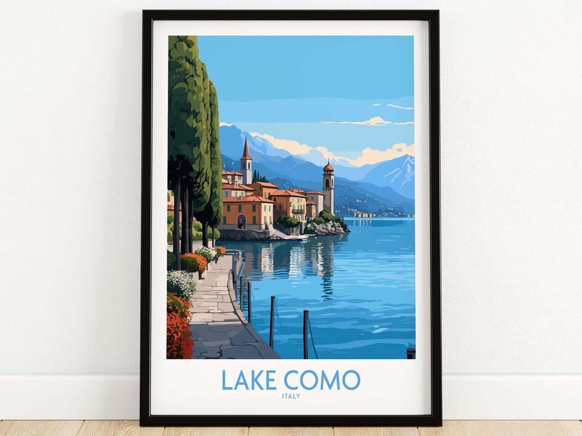 Retro Lake Como Italy Village Lake Shore Cypress Trees Poster
