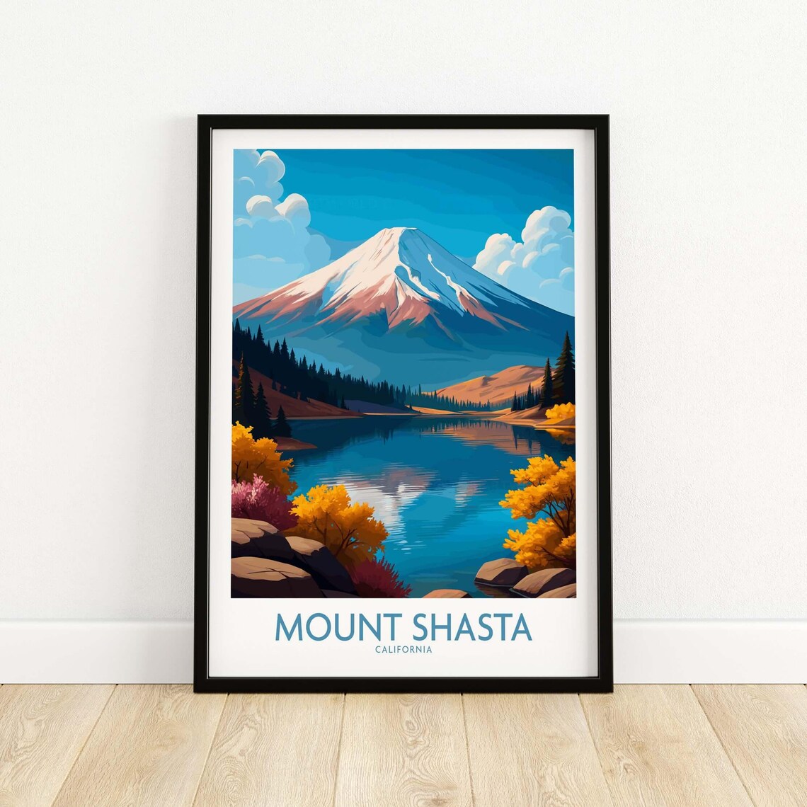 Mount Shasta California Snow Peak Alpine Lake Autumn Travel Poster