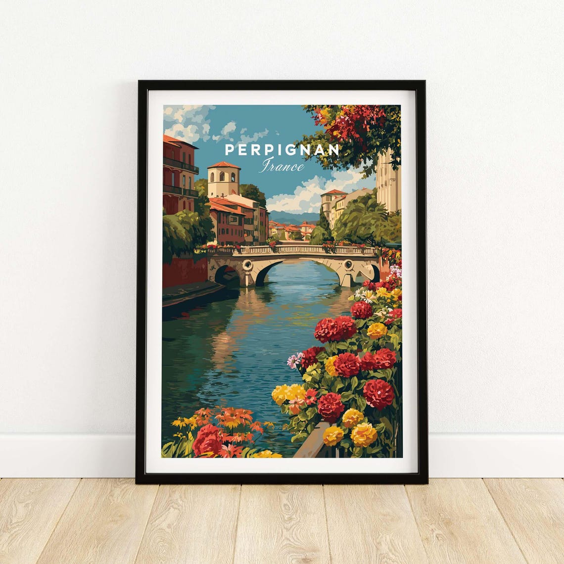 Perpignan France River Bridge With Colorful Flowers Scenic Poster