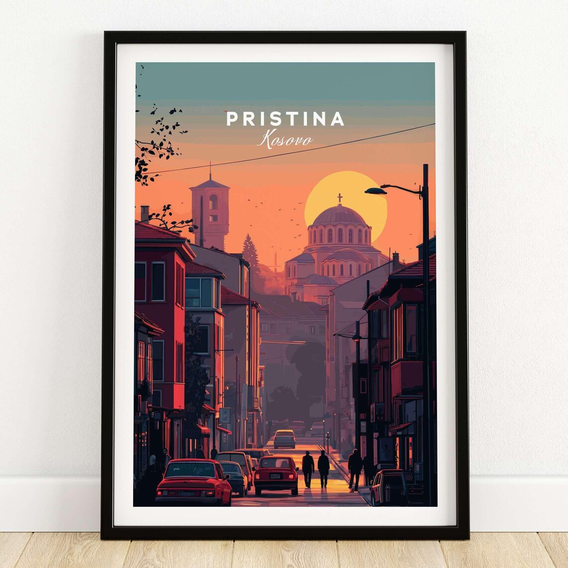 Kosovo Pristina Orange Sunset Cathedral Street Retro Travel Poster