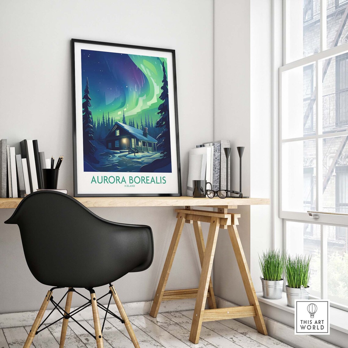 Aurora Borealis Iceland Northern Lights Snowy Cabin Travel Poster - Image 4
