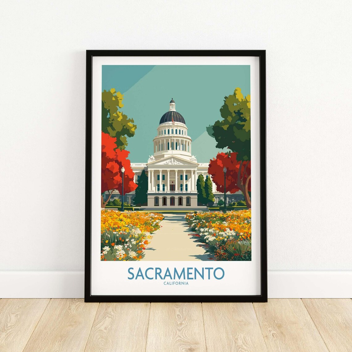 Sacramento California Capitol Building Flower Gardens Travel Poster