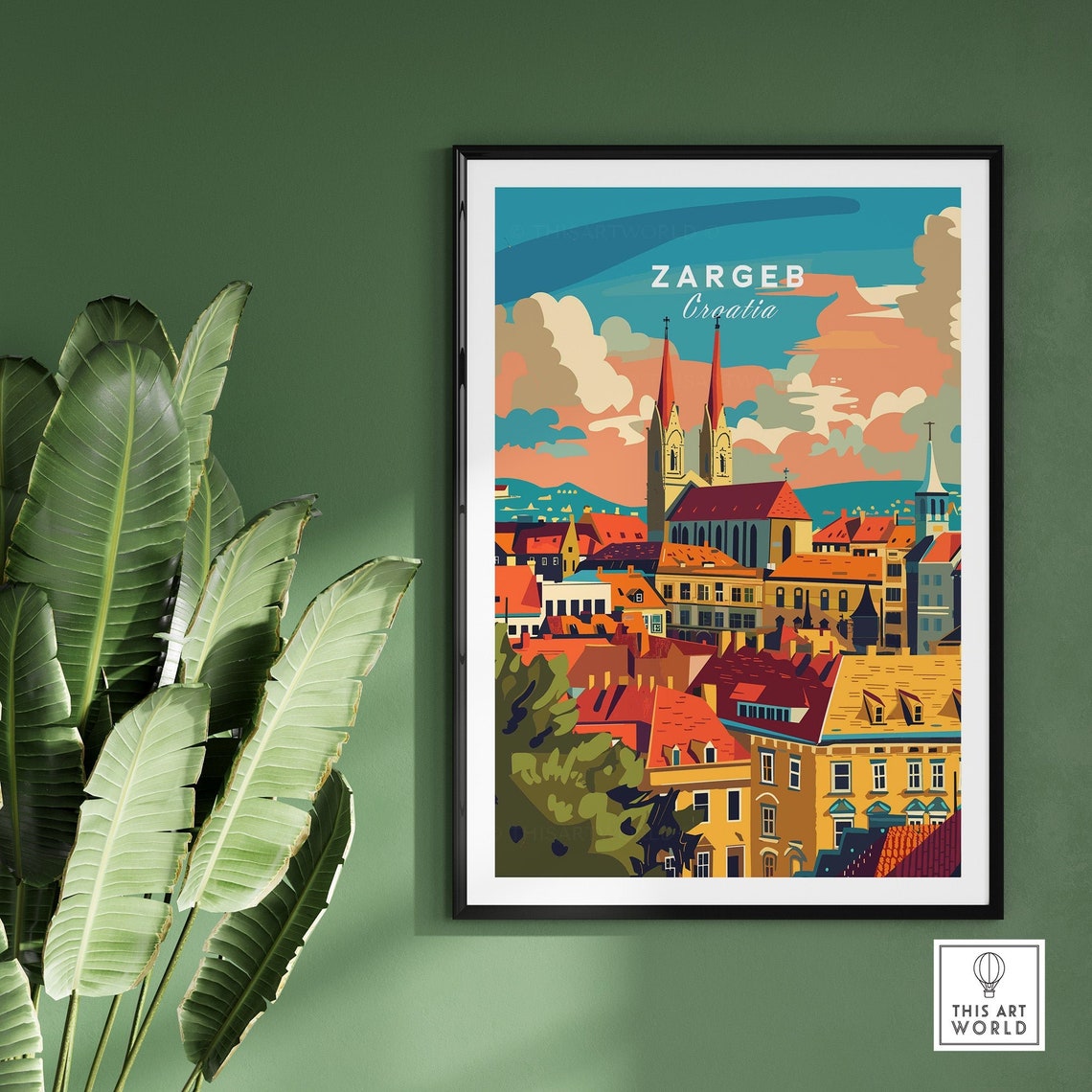 Zagreb Croatia Cathedral Skyline Old Town Rooftops Retro Poster - Image 2