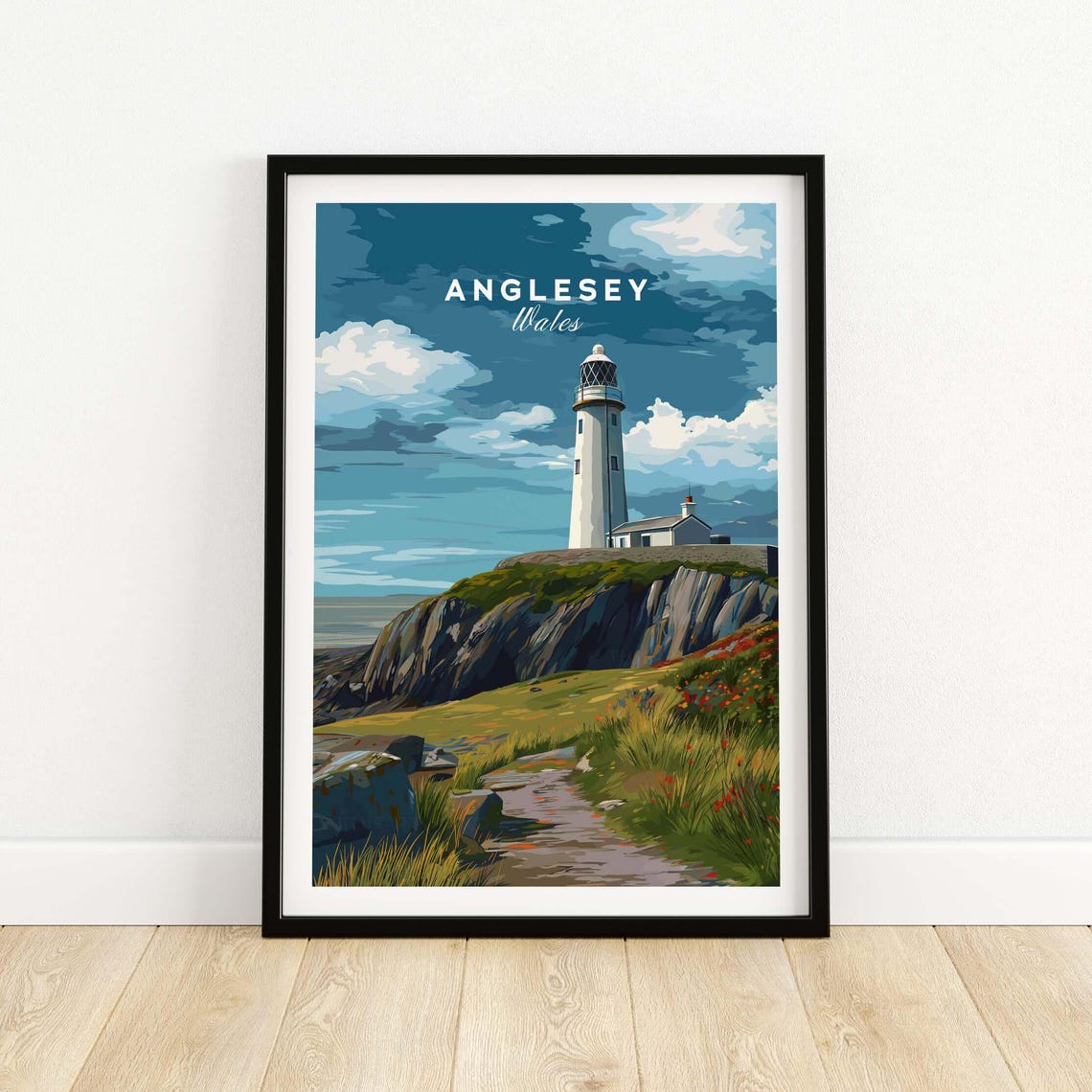 Anglesey Wales Lighthouse Coastal Path Wildflowers Day Travel Poster