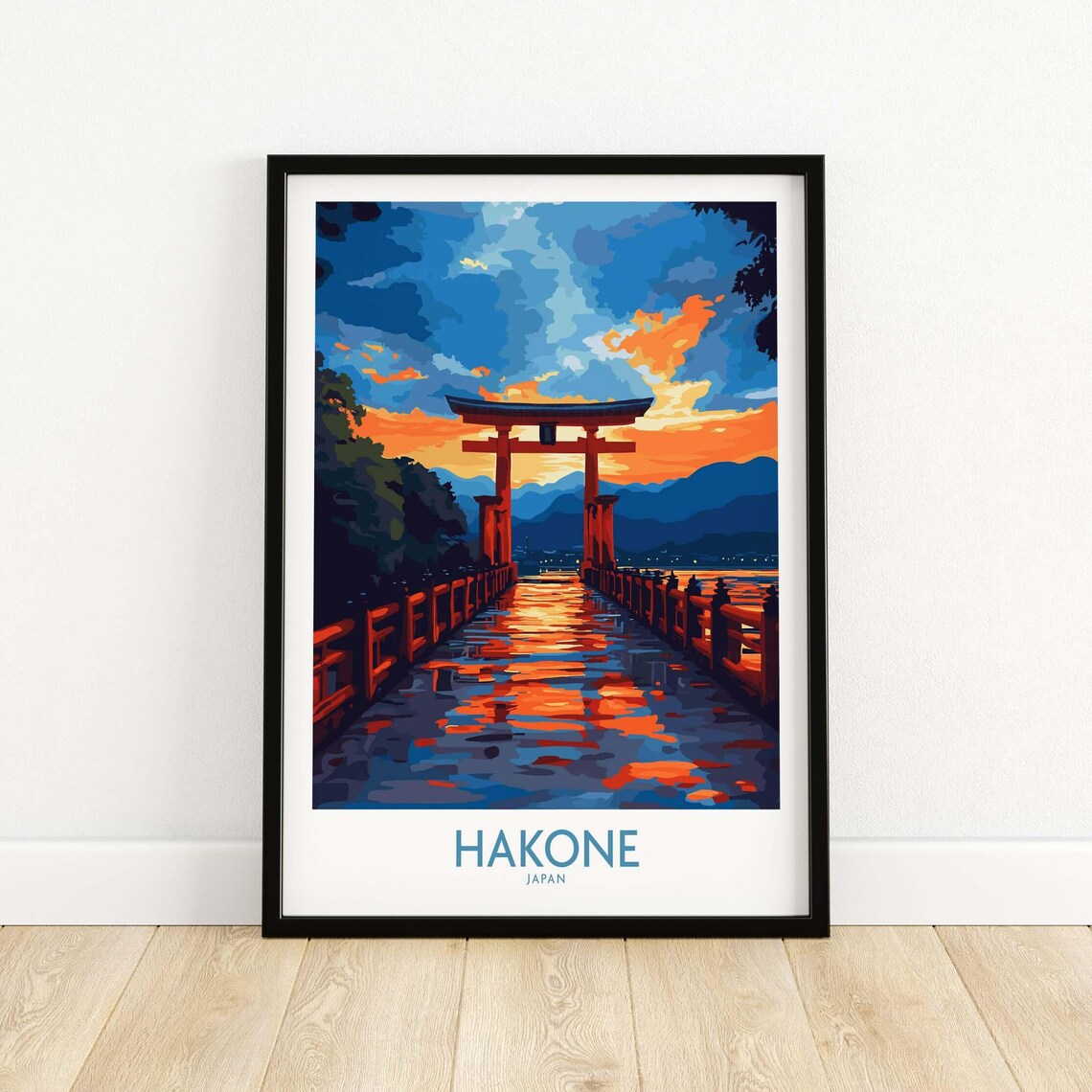 Hakone Japan Torii Gate Over Water Sunset Colors Travel Poster