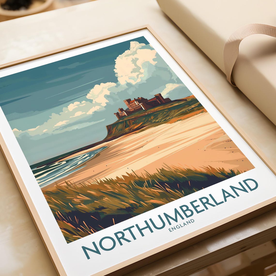 Northumberland England Cliff Castle Beach Golden Sands Poster