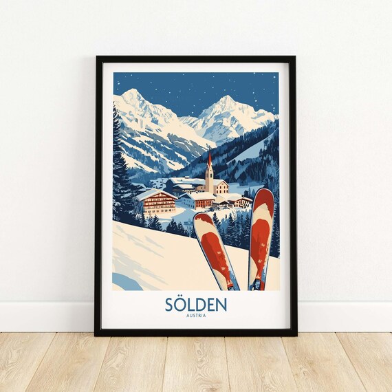 Soelden Austria Ski Resort Village Night Vintage Winter Poster
