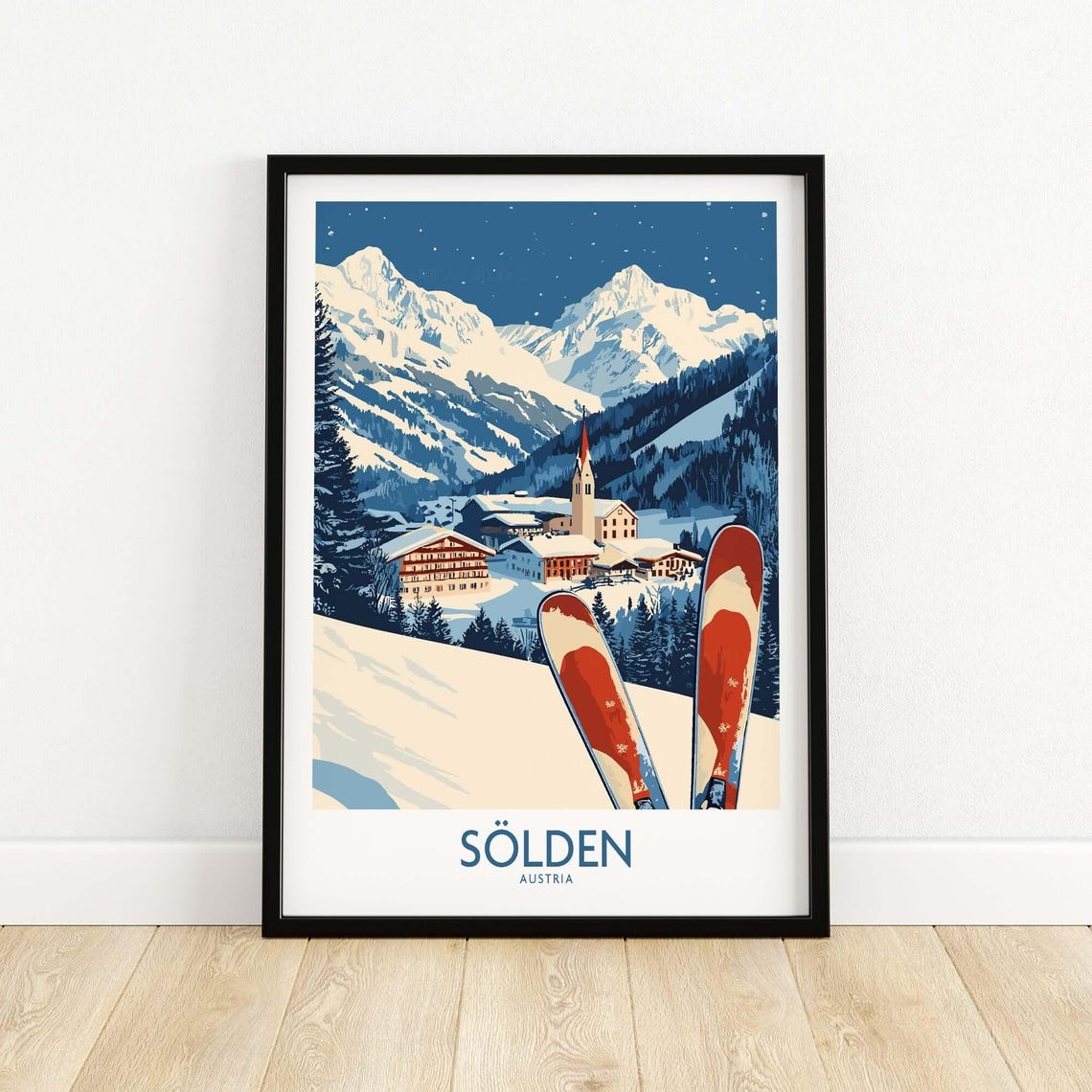 Soelden Austria Ski Resort Village Night Vintage Winter Poster