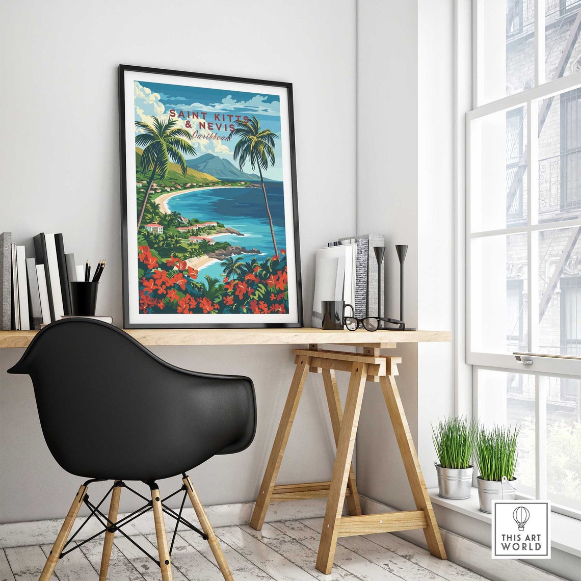 Saint Kitts and Nevis Caribbean Bay View Palms Travel Poster - Image 4