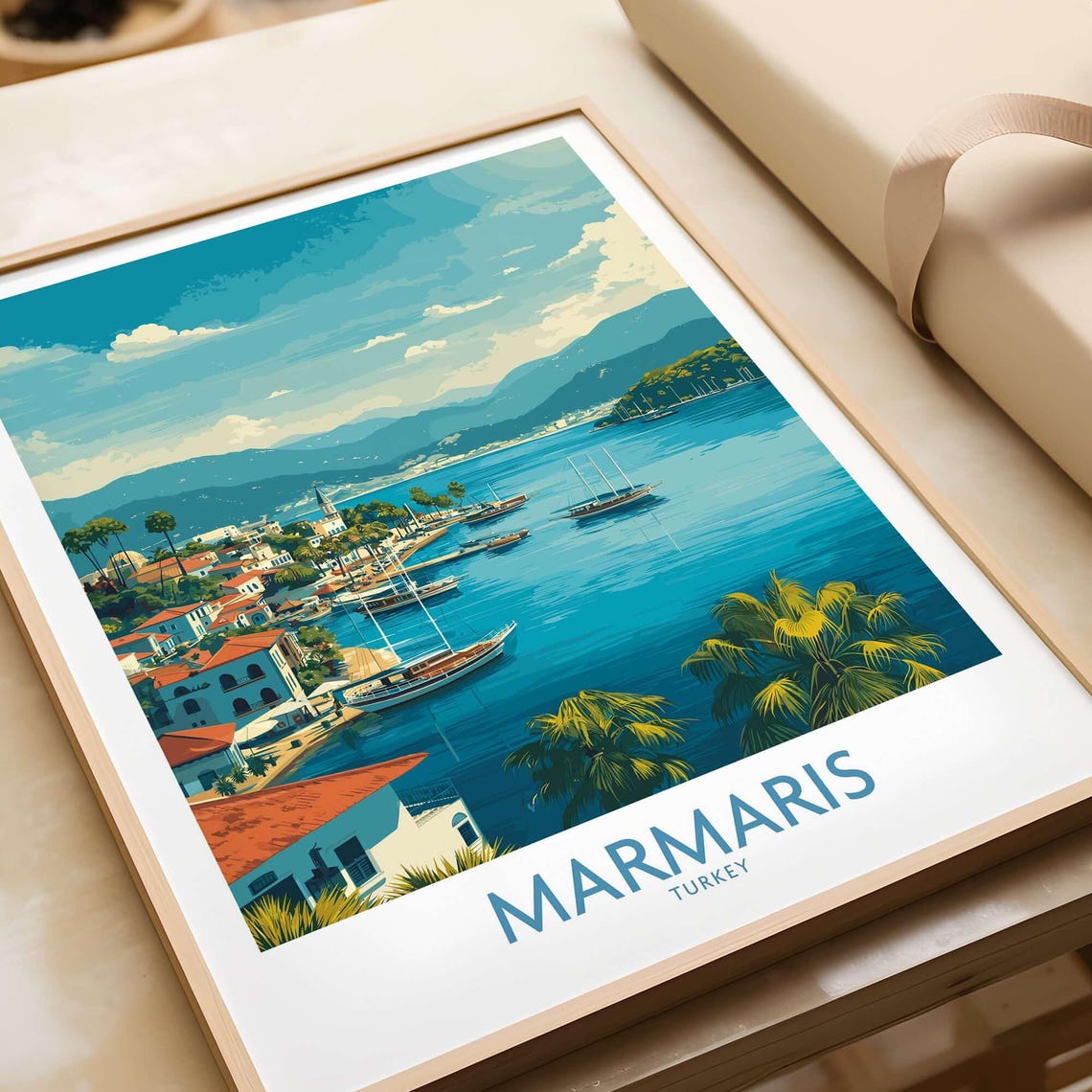 Marmaris Turkey Coastal Travel Poster Harbor Sailboats Palm Beach Art