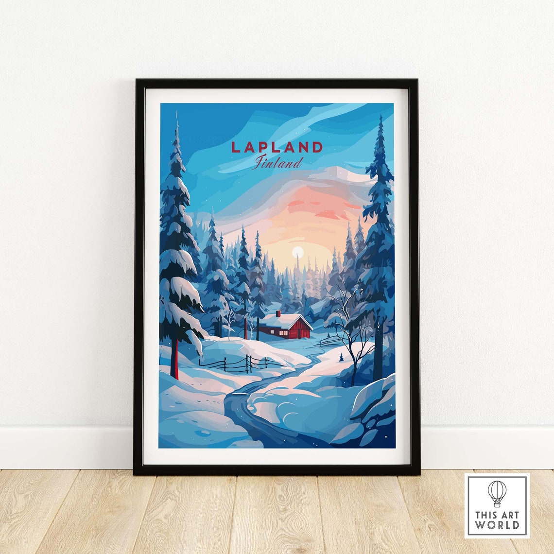 Lapland Finland Snowy Winter Forest Cabin Sunset Scenic Poster