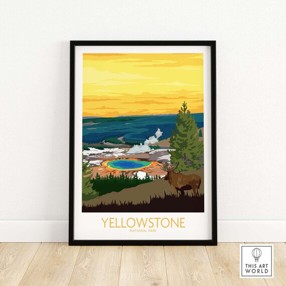 Yellowstone National Park Geyser Basin Elk Golden Sky Poster