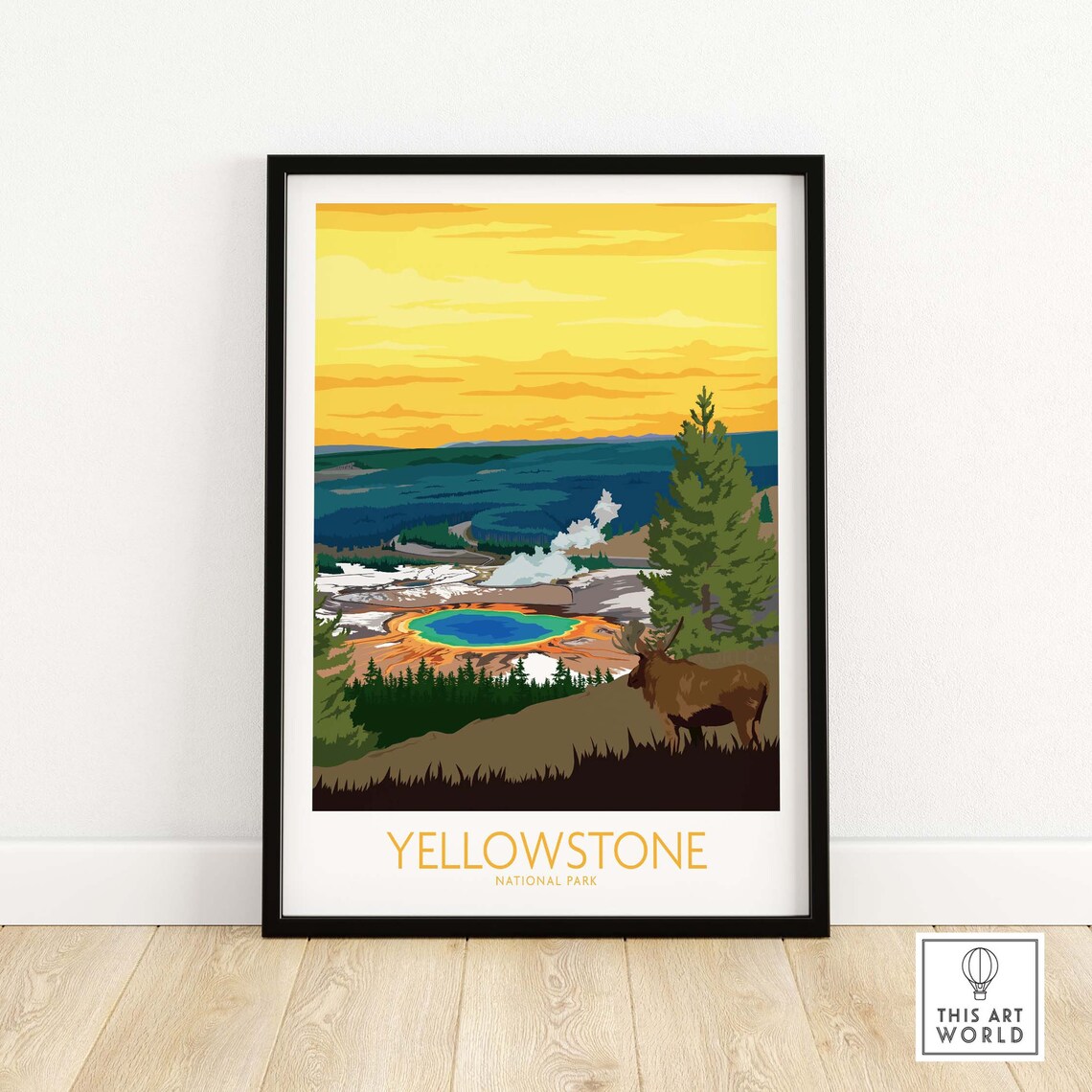 Yellowstone National Park Geyser Basin Elk Golden Sky Poster