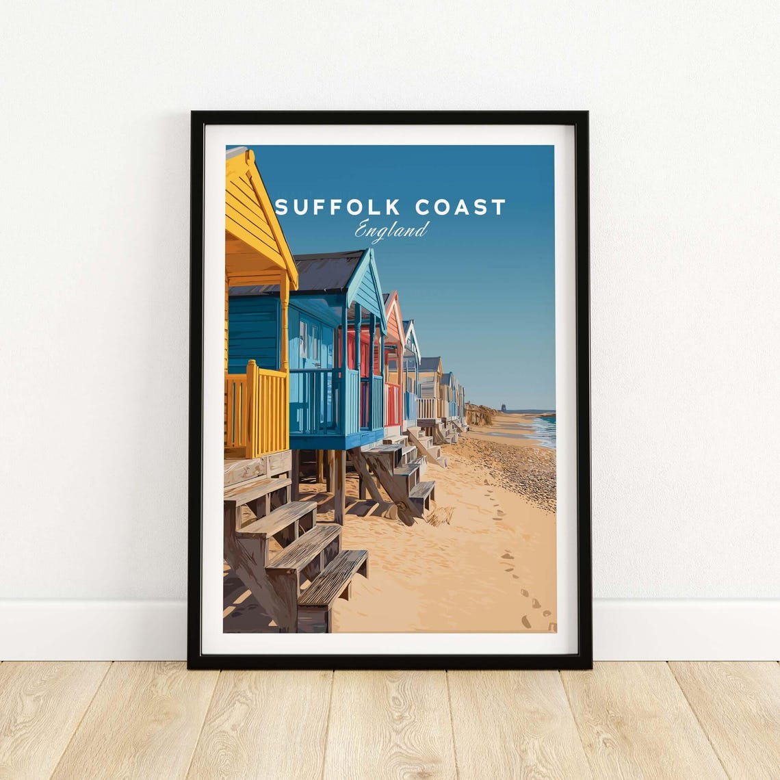 Suffolk Coast England Colorful Beach Huts Sandy Beach Art Poster