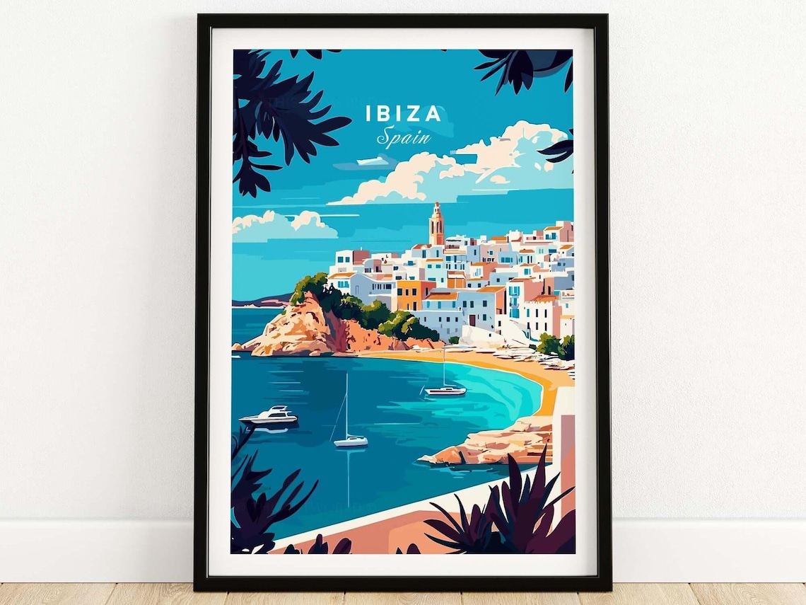 Ibiza Spain Turquoise Bay Sailboats Old Town Hill Travel Poster