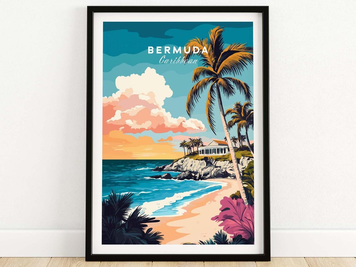 Bermuda Caribbean Sunset Beach Palm Tree And Ocean Villa Travel Poster