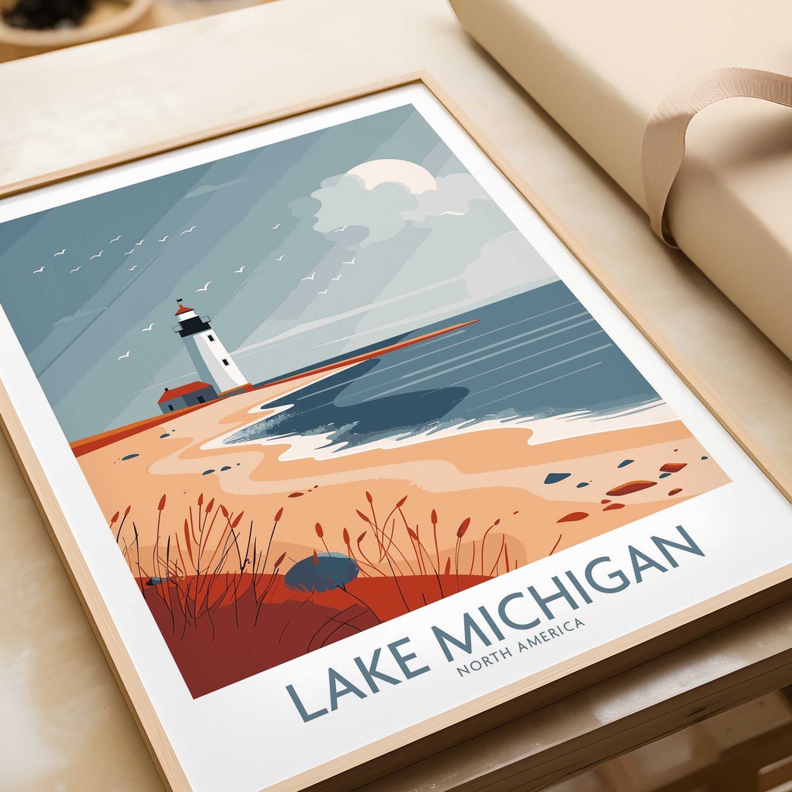 Lake Michigan North America Lighthouse Beach Moonrise Travel Poster