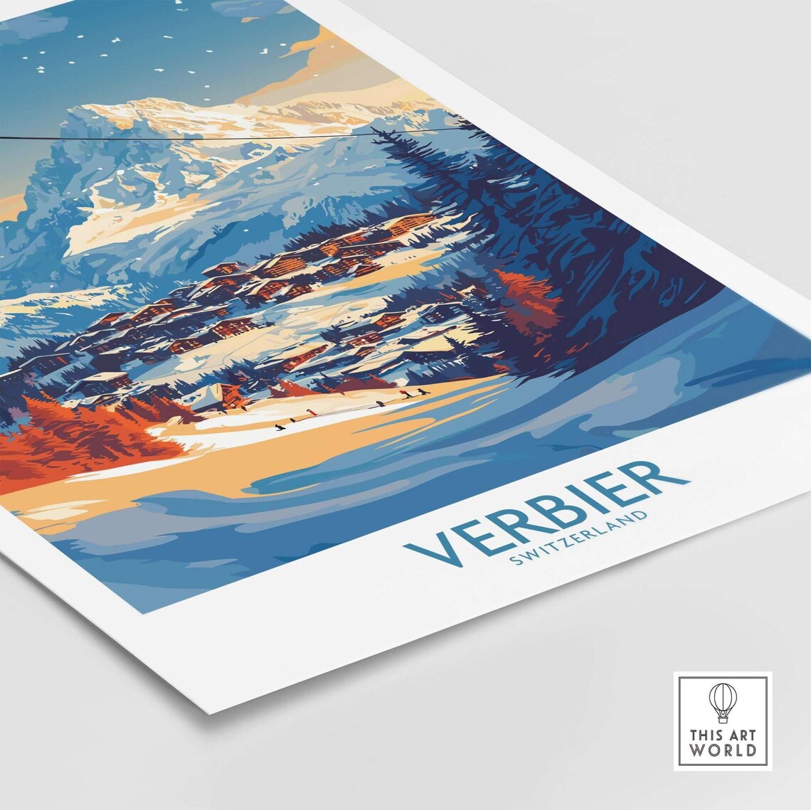 Verbier Switzerland Ski Resort Gondola Snow Peaks Travel Poster - Image 4