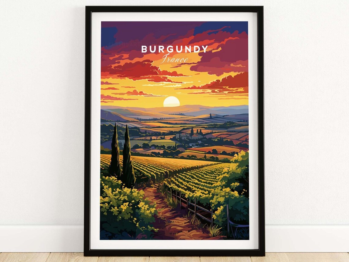 Burgundy France Wine Country Vineyard Sunset Scenic Art Poster