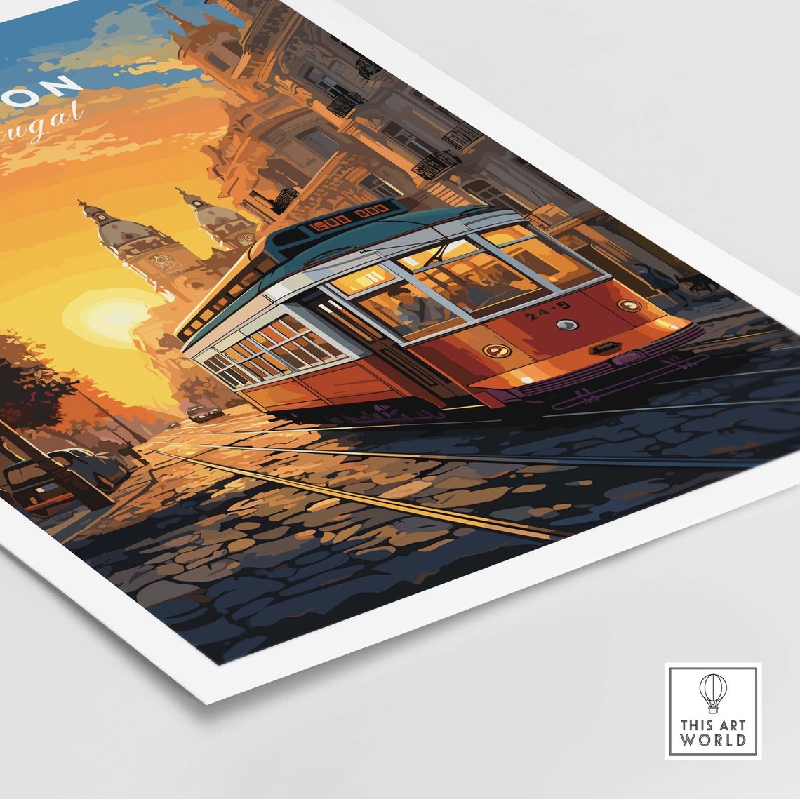 Lisbon Portugal Classic Tram Sunset Street Scene Vintage Travel Poster - Image 4