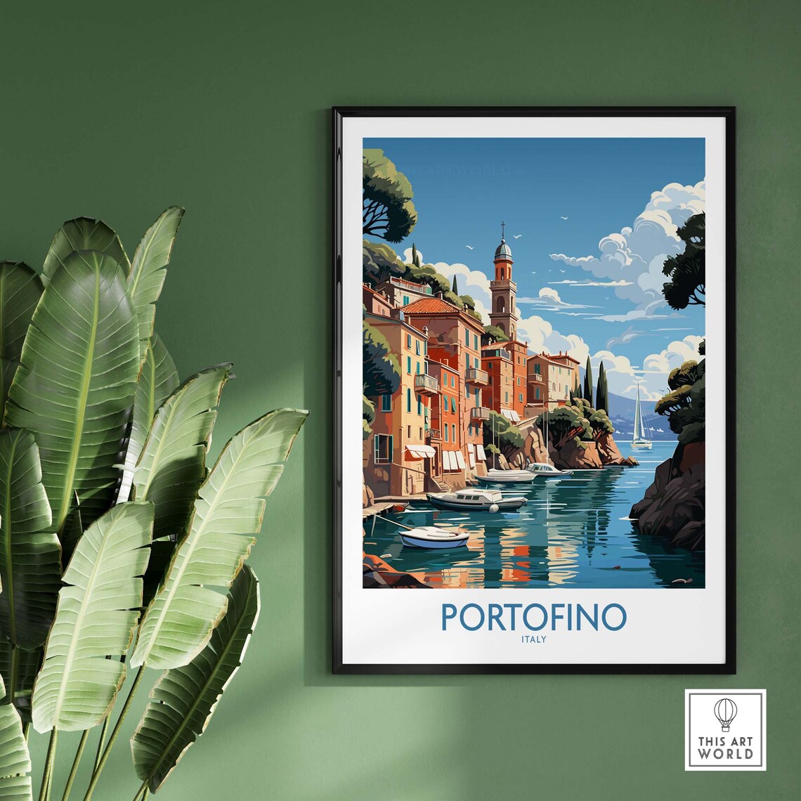 Portofino Italy Harbor Sailboats Bell Tower Coastal Travel Poster - Image 2