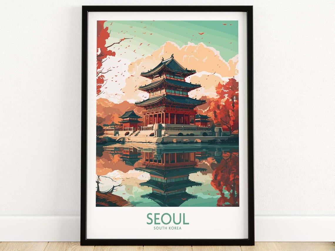 Seoul South Korea Autumn Temple Reflection Scenic Travel Poster