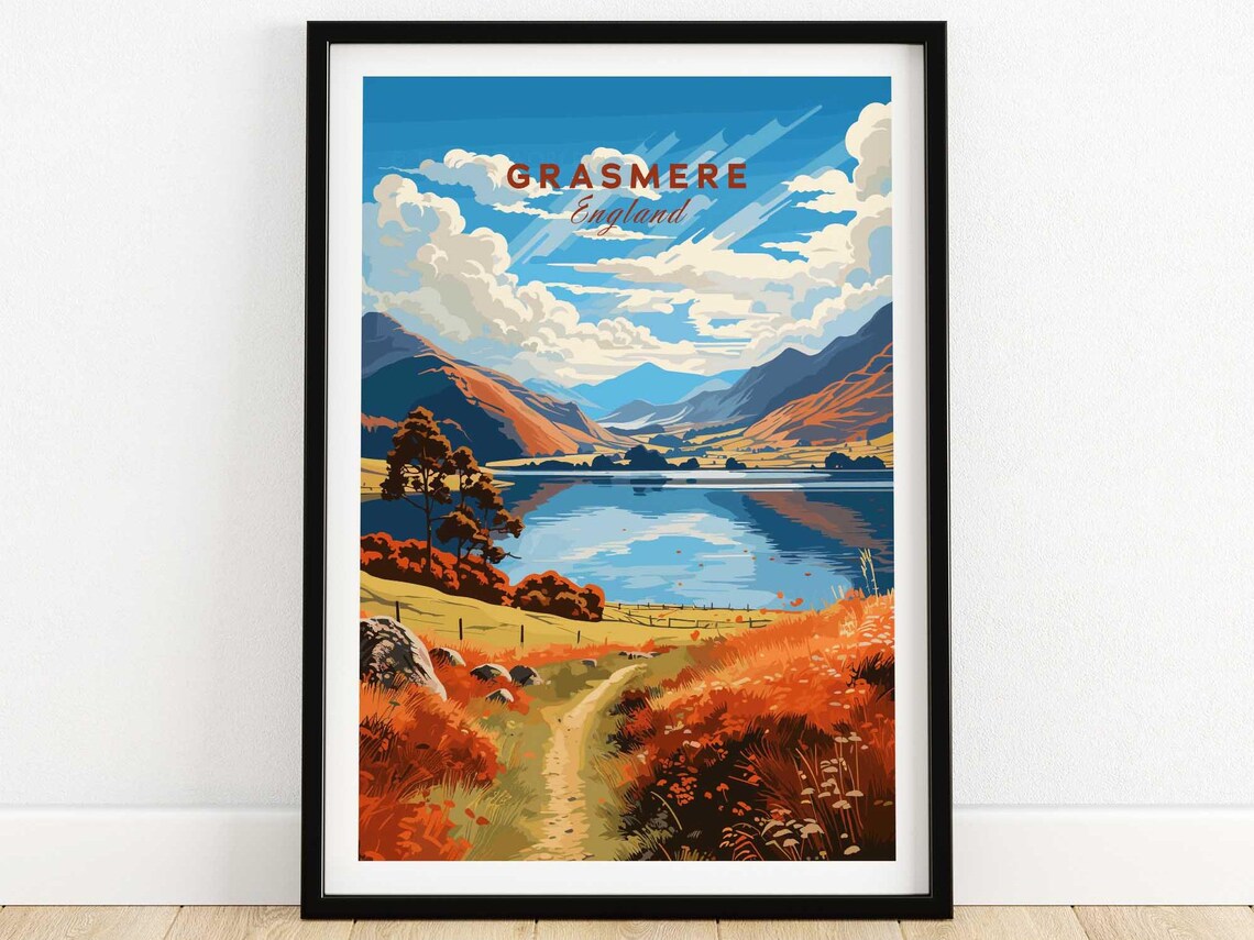 Grasmere England Autumn Lake District Golden Landscape Travel Poster