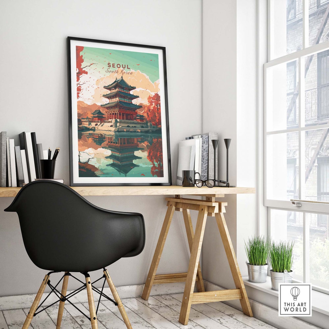 Seoul South Korea Autumn Temple Reflection Travel Art Poster - Image 4