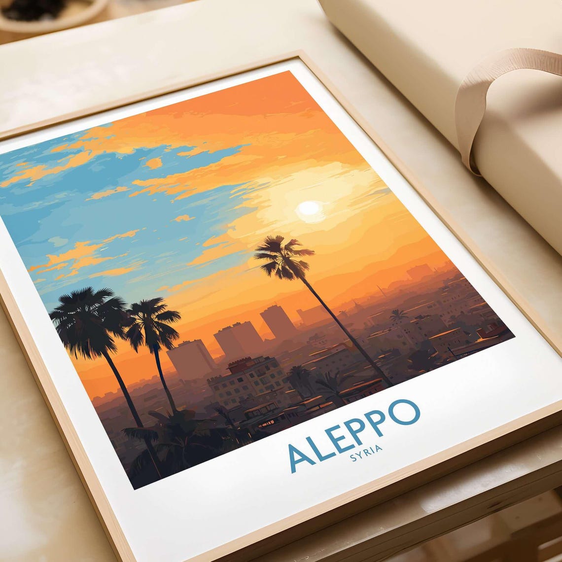 Aleppo Syria Sunset Palm Silhouette City Skyline Travel Art Print
