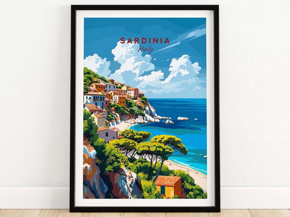 Sardinia Italy Cliffside Beach Village Turquoise Sea Coastal Poster