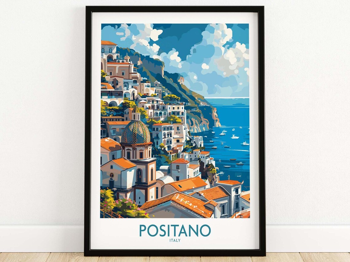 Positano Amalfi Coast Cliffside Houses Dome Church Sea View Poster