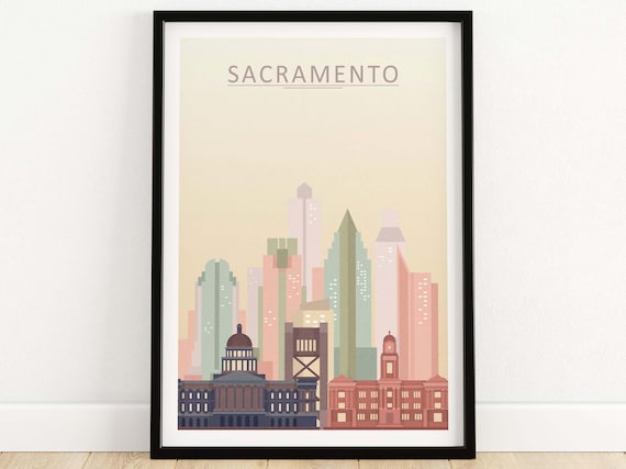 Sacramento California Skyline Minimal Cityscape Vintage Travel Poster